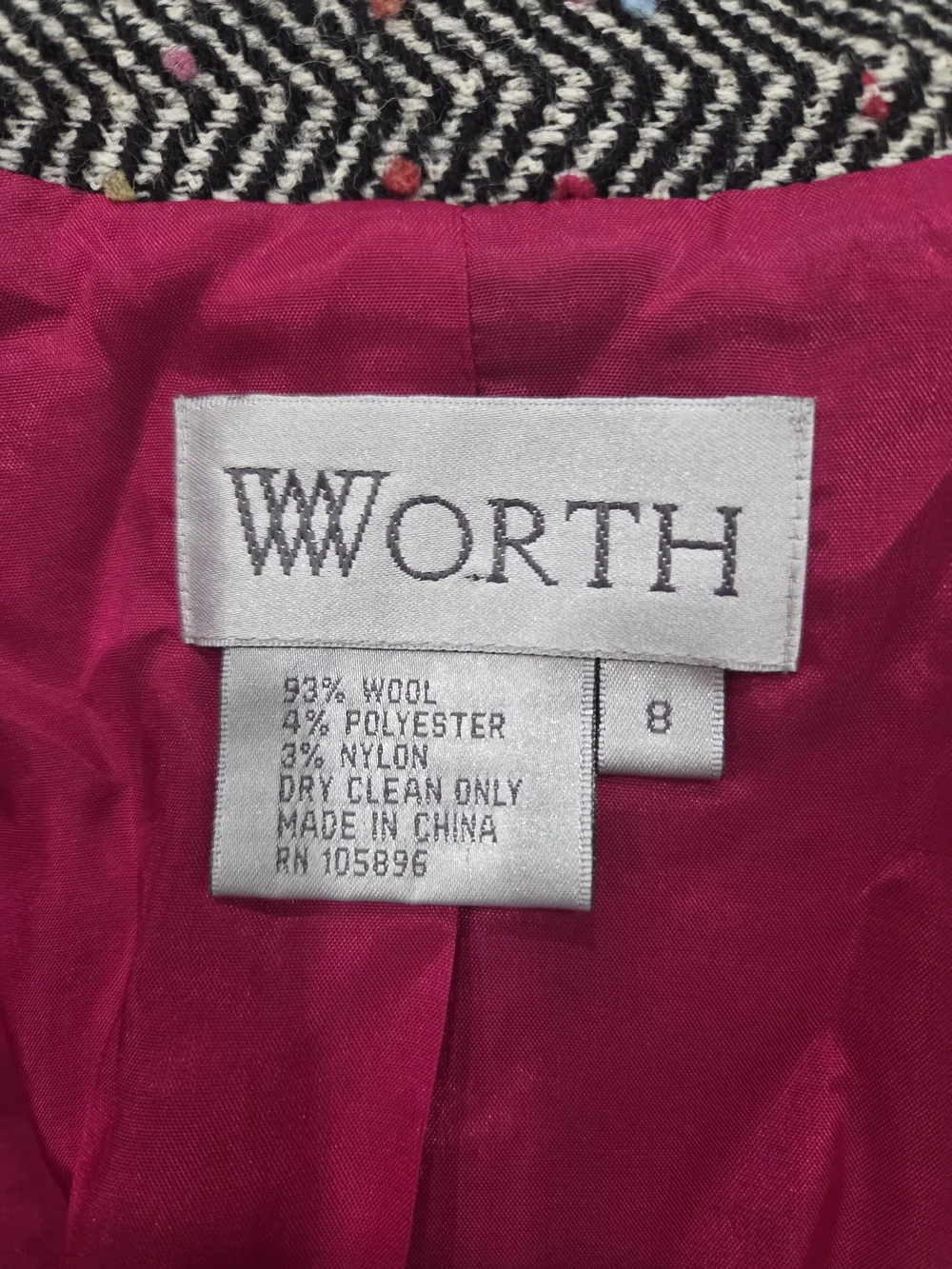 Worth Women's Vintage Black & White Chevron Tweed Double-Breasted Blazer Size M
